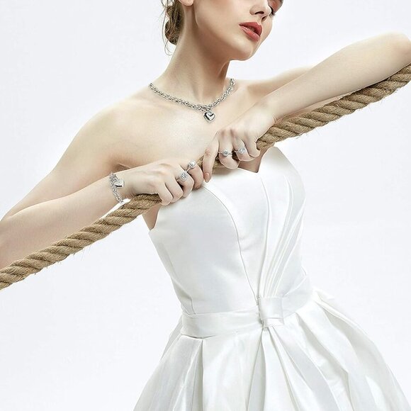 Heart Chain Necklace + Heart Bracelet for Women Girls Hearts Pendant Toggle Char - Picture 6 of 7